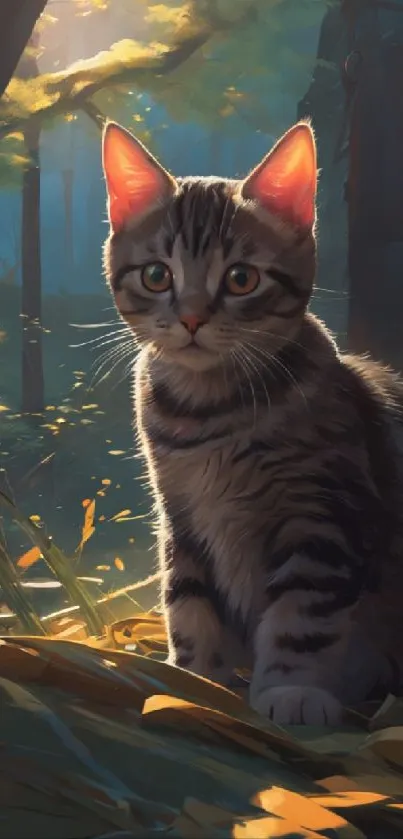 Cute cat sitting in a magical forest with sunlight filtering through trees.