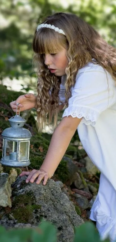 Young girl in white dress holding a lantern in a lush forest scene.