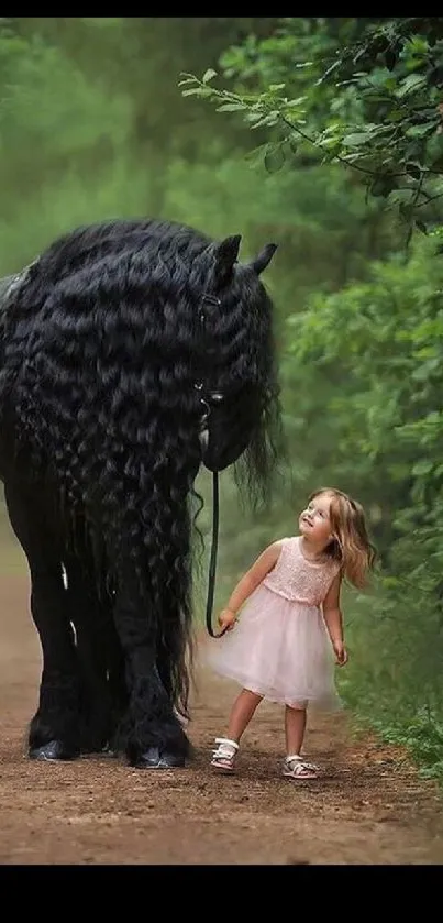 Little girl with black horse in a lush green forest.