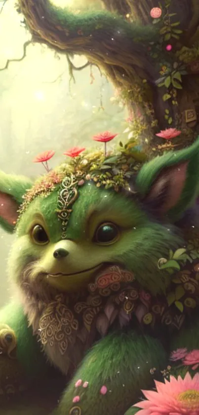 Mystical green forest creature with floral adornments in a serene setting.