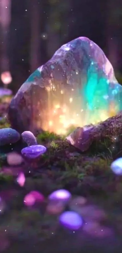 Glowing crystal in a mystical forest with colorful stones.