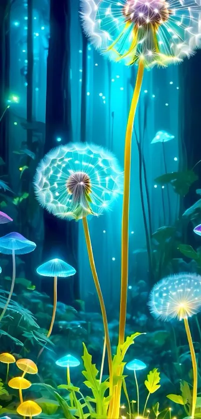 Glowing dandelions and mushrooms in a mystical forest wallpaper.