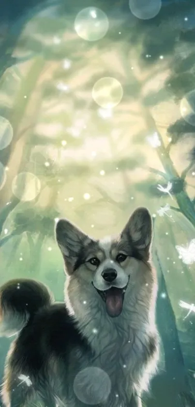 A happy dog in an enchanting, sunlit forest scene with butterflies and light orbs.