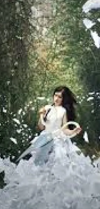 A woman in a white dress amidst a dark, enchanting forest setting.