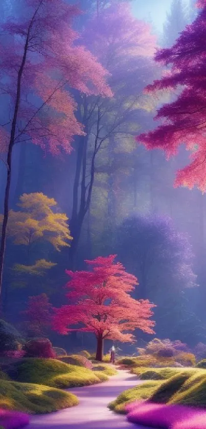 Enchanting forest with vibrant purple and pink hues, creating a mystical dreamscape.