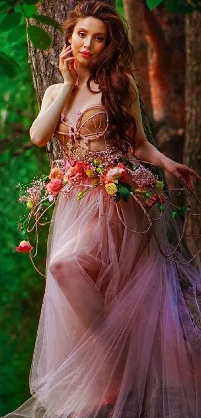 Woman in floral dress in a forest setting, surrounded by lush greenery.