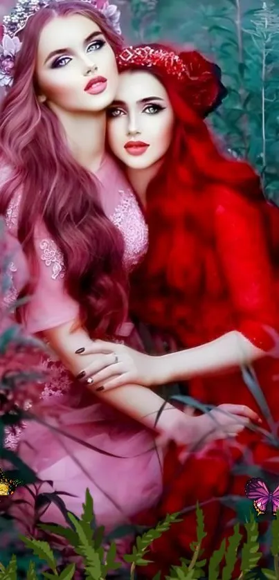 Mystical women in red and pink attire amidst a vibrant forest with butterflies.