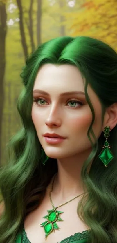 Enchanting woman with green hair in a forest setting.