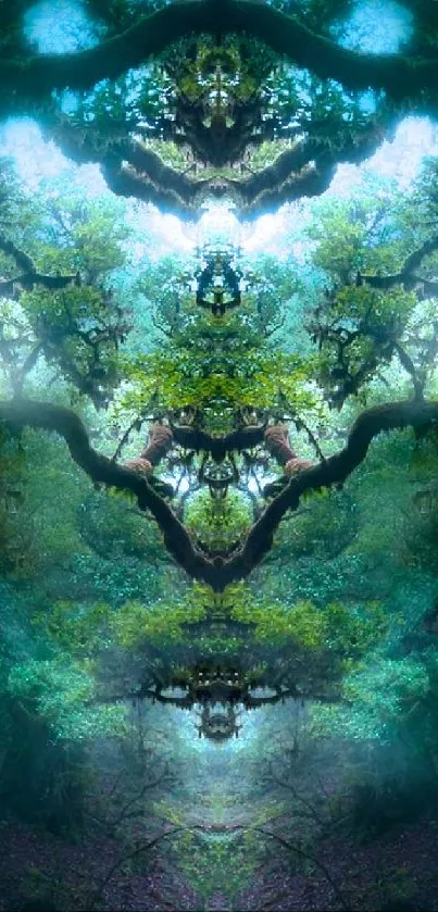 Mystical forest with captivating teal eyes wallpaper.