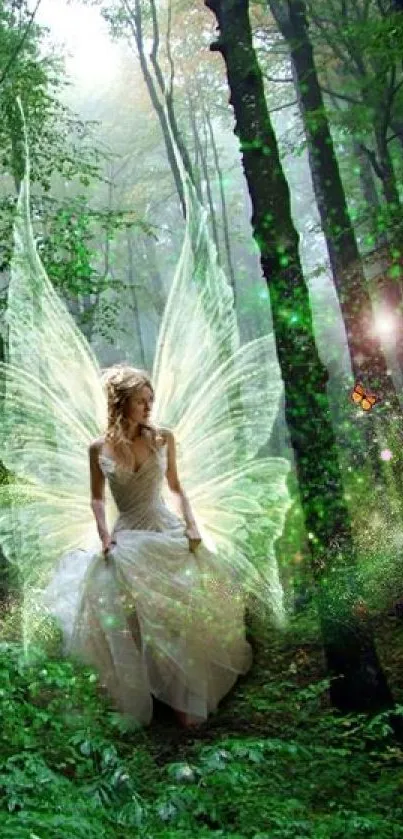 Luminous fairy with wings in a mystical forest setting with vibrant greenery.