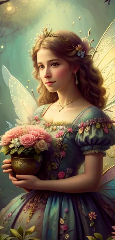 Fairy holding flowers in enchanted forest wallpaper.