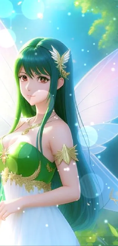 Enchanting fairy in a green forest setting with vibrant wings.