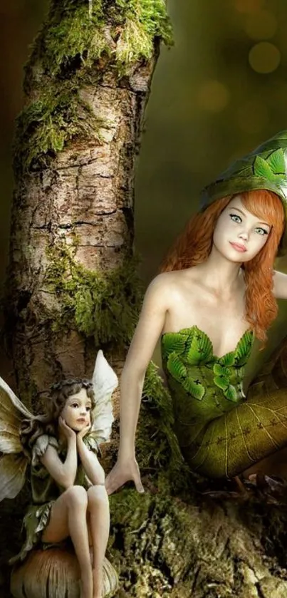 Forest fairies resting on a tree surrounded by lush greenery.