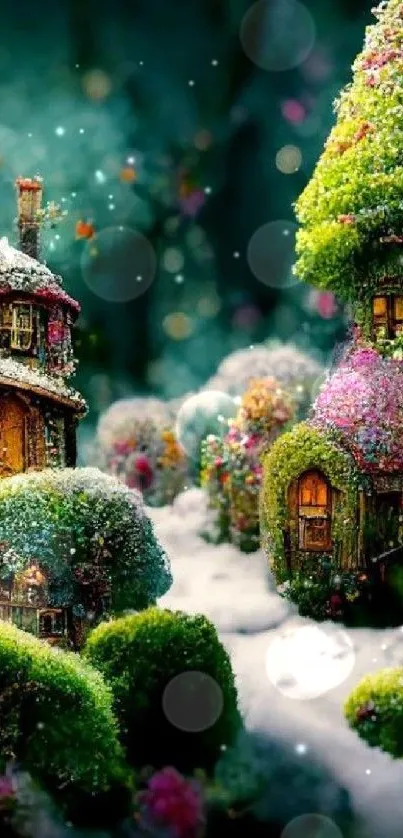 Whimsical forest scene with fairy homes among lush greenery.