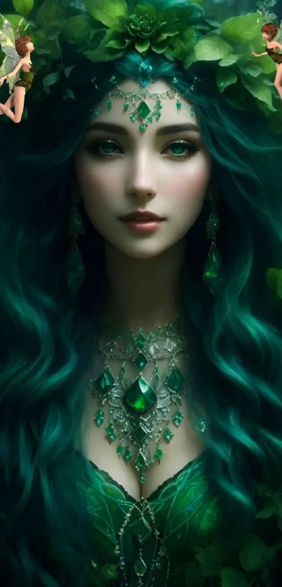 Enchanting forest fairy woman with green jewels in a mystical setting.