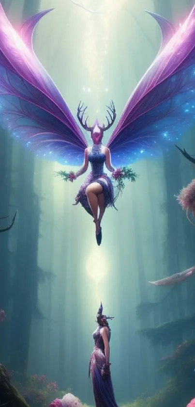 Fantasy forest fairy with glowing wings, surrounded by enchanting nature.