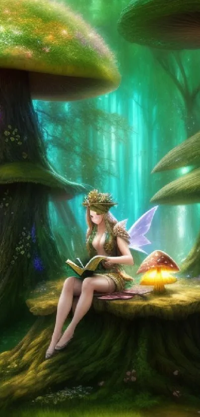 Whimsical fairy in magical forest setting with glowing mushrooms.