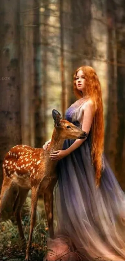 Young woman with deer in mystical forest.