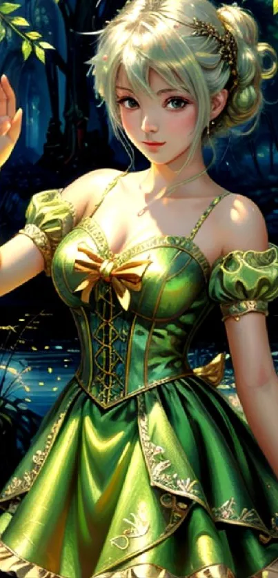 Forest fairy in green dress amidst mystical scene.