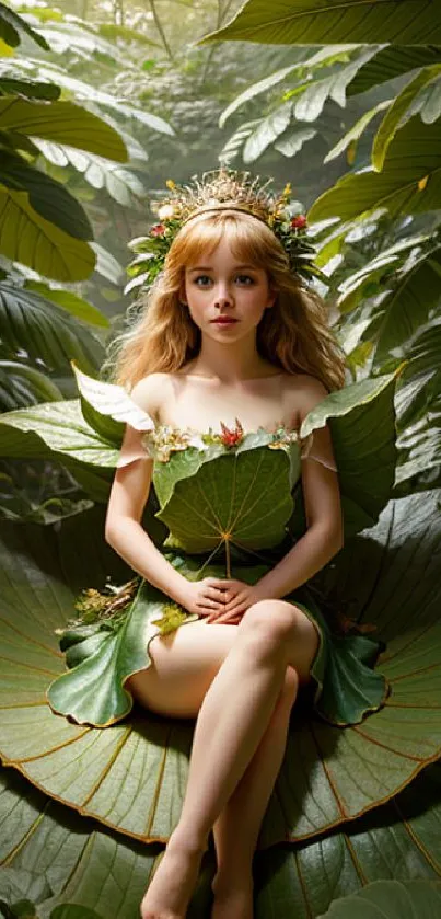 Enchanting forest fairy with a nature-inspired outfit amidst lush greenery.