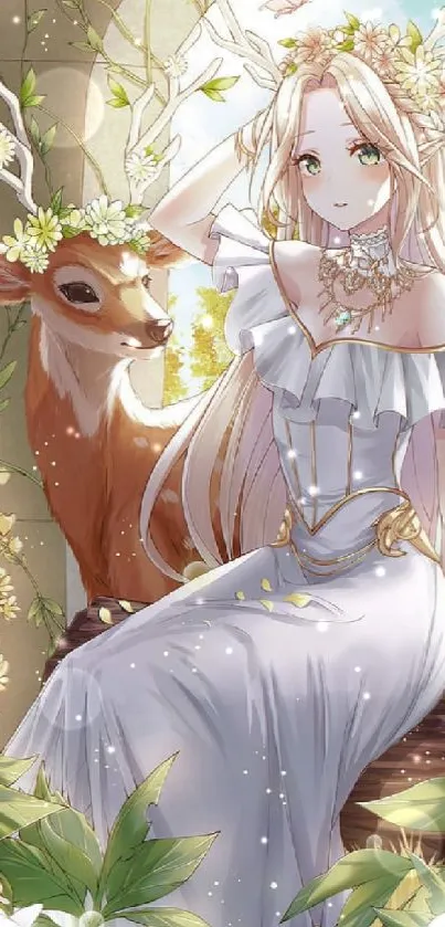 A forest fairy with a deer in a magical garden setting.