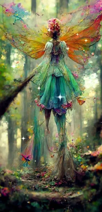 Enchanting forest fairy with vibrant wings in a mystical woodland setting.