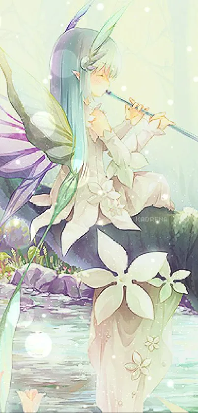 Enchanting forest fairy playing flute by a serene stream.