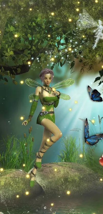 Enchanting fairy in a magical forest with butterflies and glowing lights.