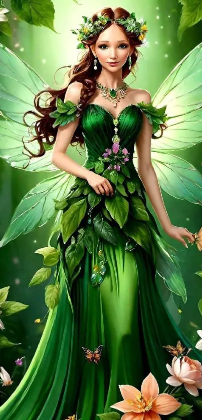 Enchanting forest fairy with green wings and floral dress on mobile wallpaper.