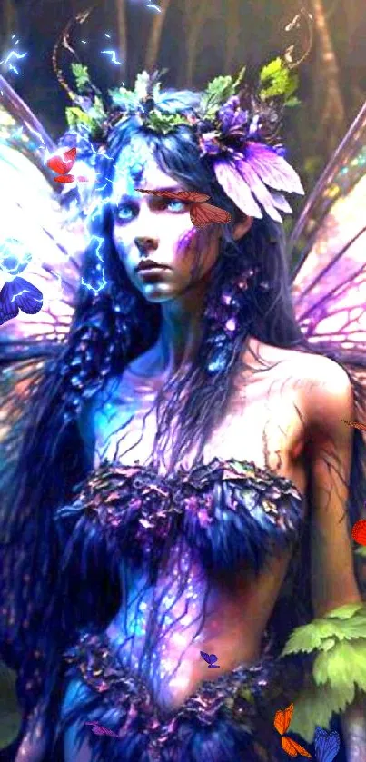 Enchanting fairy with wings in a mystical forest setting, vibrant colors.