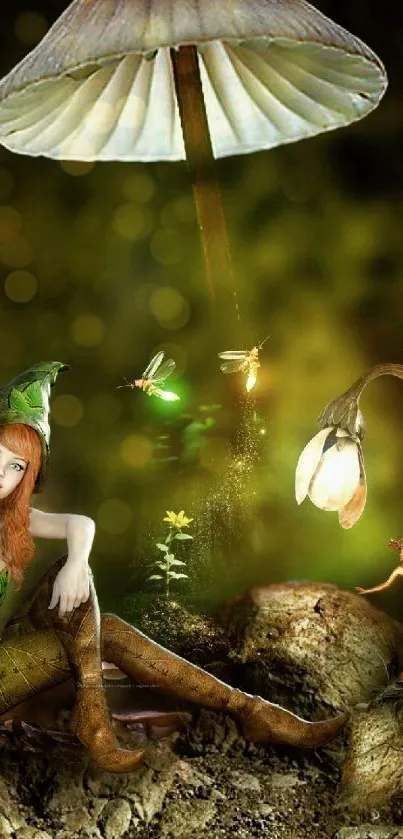 Enchanting forest fairy with glowing fireflies and mushroom lamps.