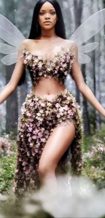 Mystical forest fairy with wings and floral dress in a serene woodland setting.