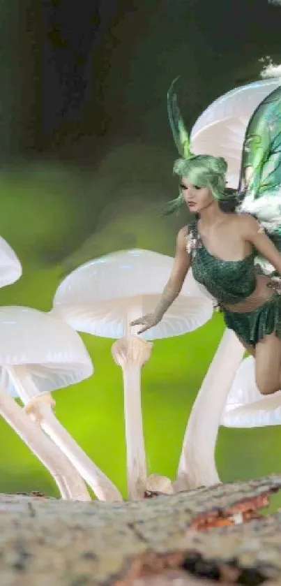Fairy with green wings in a forest with mushrooms, enchanting scene.