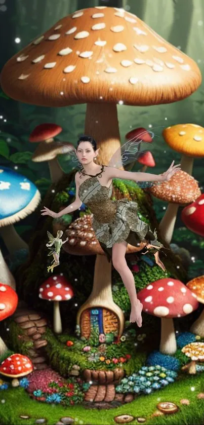 Fairy and mushroom house in an enchanted forest scene.