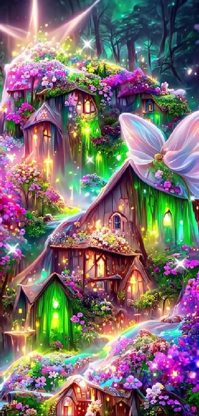 Whimsical fairy houses in a vibrant forest with pink flowers.