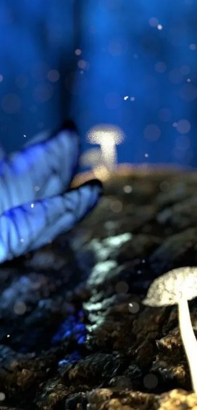 Mystical forest scene with glowing mushrooms and a butterfly in a dark blue ambiance.