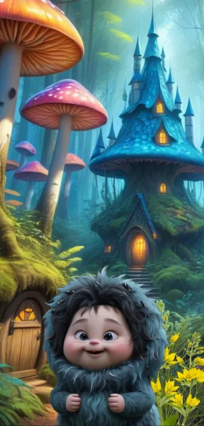 Whimsical forest with colorful mushrooms and a magical house.