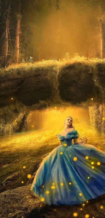 Fantasy wallpaper with glowing forest and figure in blue gown.