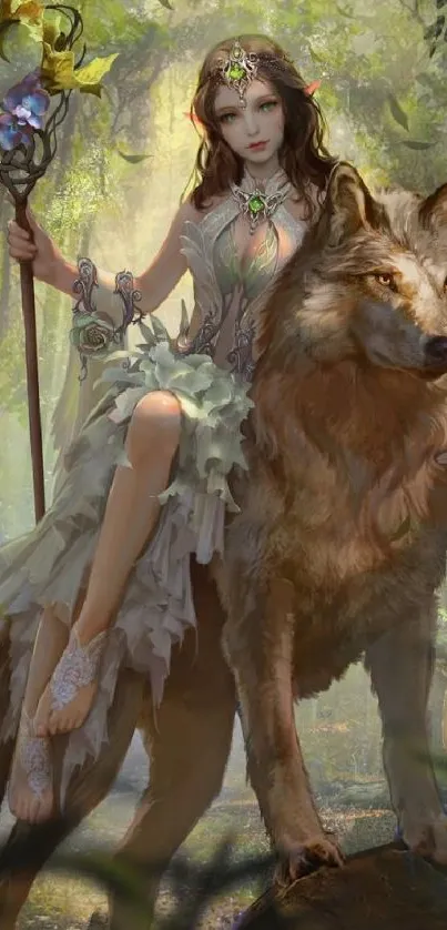 Elf riding a wolf in a dreamy forest scene wallpaper.