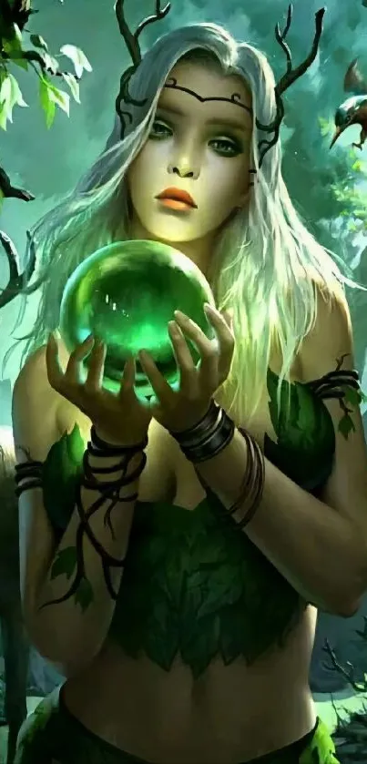 Fantasy woman with glowing orb in a mystical forest setting.