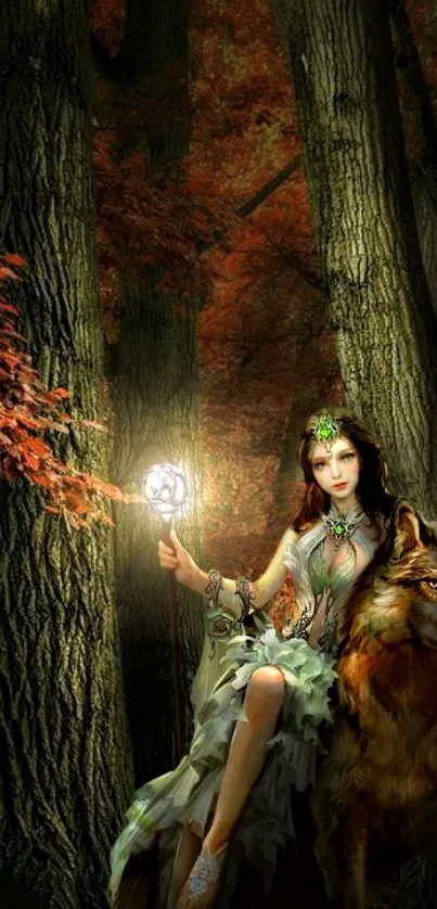 Mystical woman with wolf in forest fantasy art wallpaper.