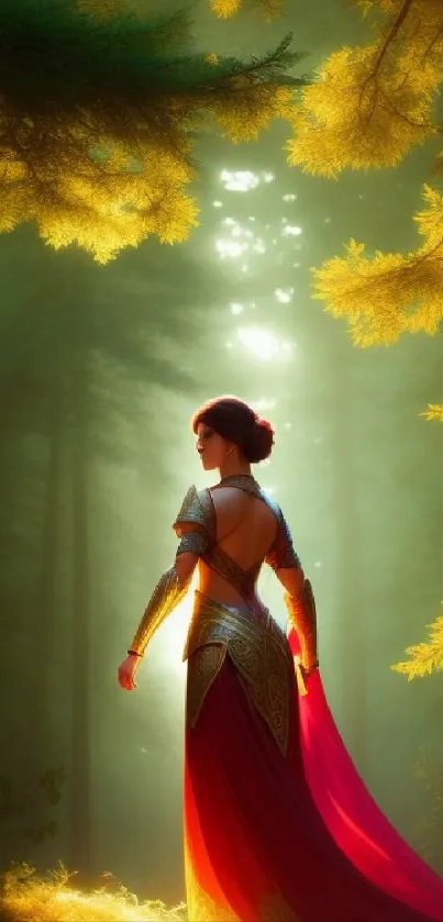 An armored woman stands elegantly in a sunlit forest, surrounded by golden light.