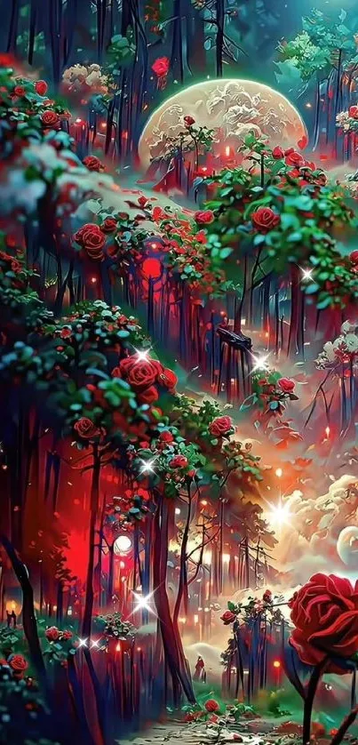 Enchanting fantasy forest with roses and moonlit glow wallpaper.