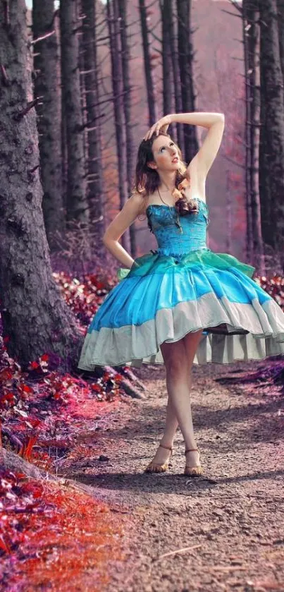 Girl in blue dress in mystical forest.