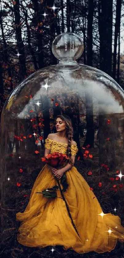 Woman in yellow dress inside a glass dome in a forest setting.