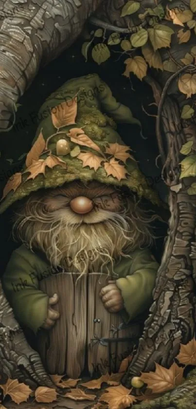 Whimsical gnome in enchanted forest scene.