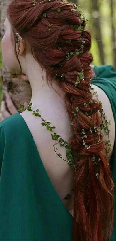 Woman with braided red hair in forest setting.