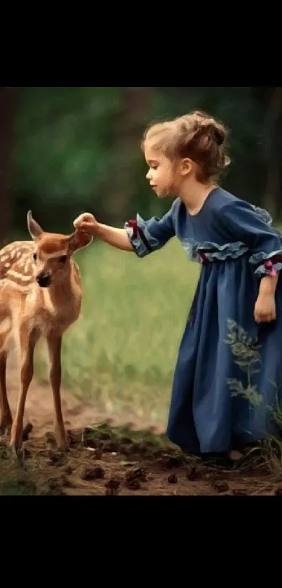 Girl gently touching a deer in a quiet forest setting.