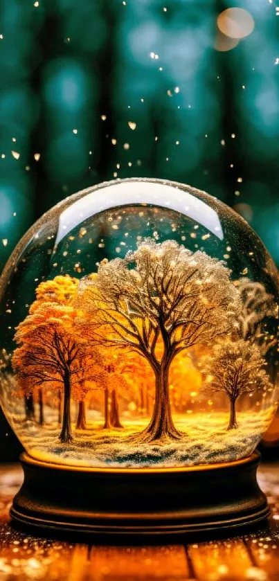 Snow globe with enchanting forest scene in autumn colors.