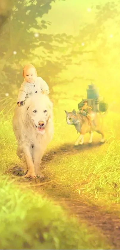 Child and dog in enchanted golden forest path.